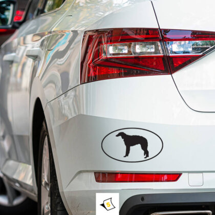 Стикер за кола - Куче Борзой Стикер за кола с изображение на куче порода борзой, представящо грациозната и елегантна форма на тялото и характерния вид на животното. Дизайнът подчертава елегантността и бързината на борзоя, идеален за любителите на кучета, които желаят да добавят стил и индивидуалност на своя автомобил.