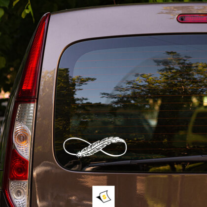 Стикер за кола - Перо Безкрайност Перото на безкрайността: символ на творческа свобода и безгранични възможности.