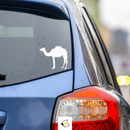 Стикер за кола - Камила Стикер за кола с изображение на камила – символ на приключения и устойчивост, перфектен за любителите на пътувания и екзотични места.