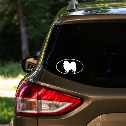 Стикер за кола - Американски Ескимос Шпиц Стикер за кола, изобразяващ сладък и игрив американски ескимос шпиц, със снежнобяла козина и весело изражение. Дизайнът подчертава характерните черти на породата, идеален за собственици и любители на кучета.