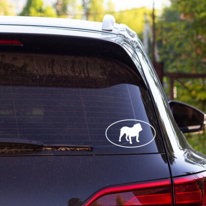 Стикер за кола - Английски Булдог Стикер за кола с изображение на симпатичен английски булдог с характерни черти, изработен от устойчиви на атмосферни условия материали, идеален за любители на породата, с весела и очарователна визия.